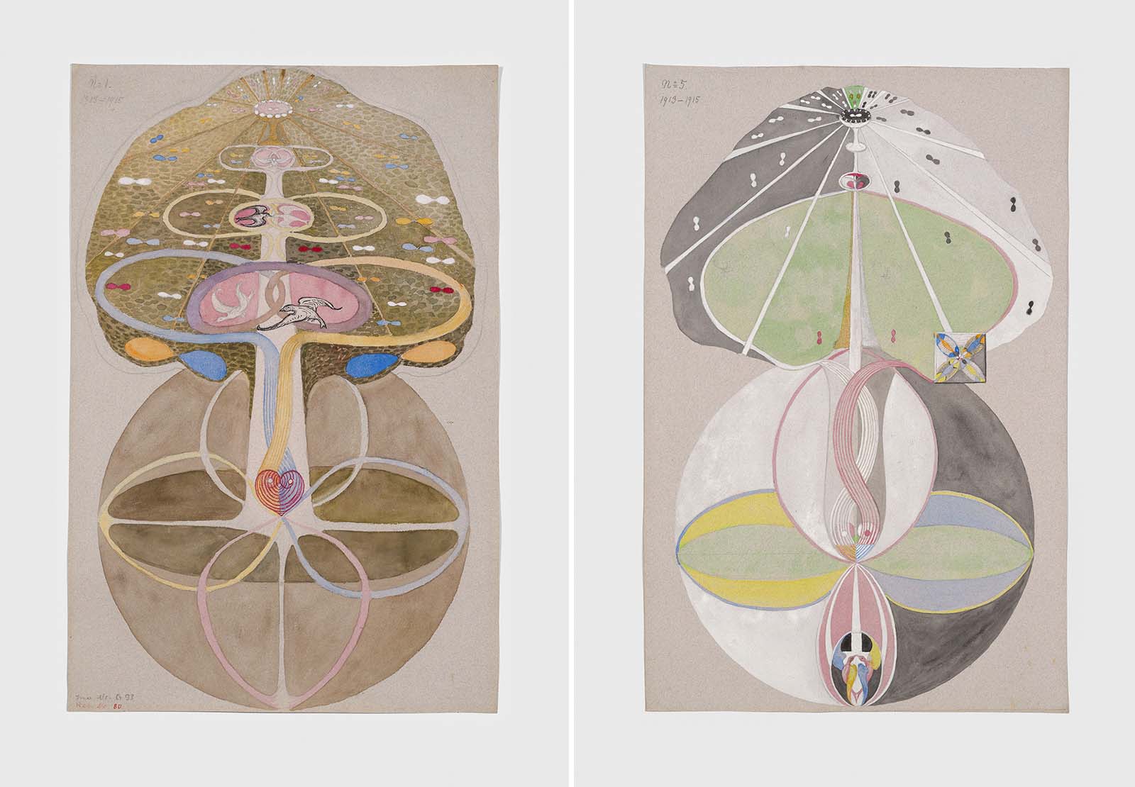 LEFT- HILMA AF KLINT, TREE OF KNOWLEDGE, NO. 1, 1913–1915. RIGHT- HILMA AF KLINT, TREE OF KNOWLEDGE, NO. 5, 1913–1915.jpg