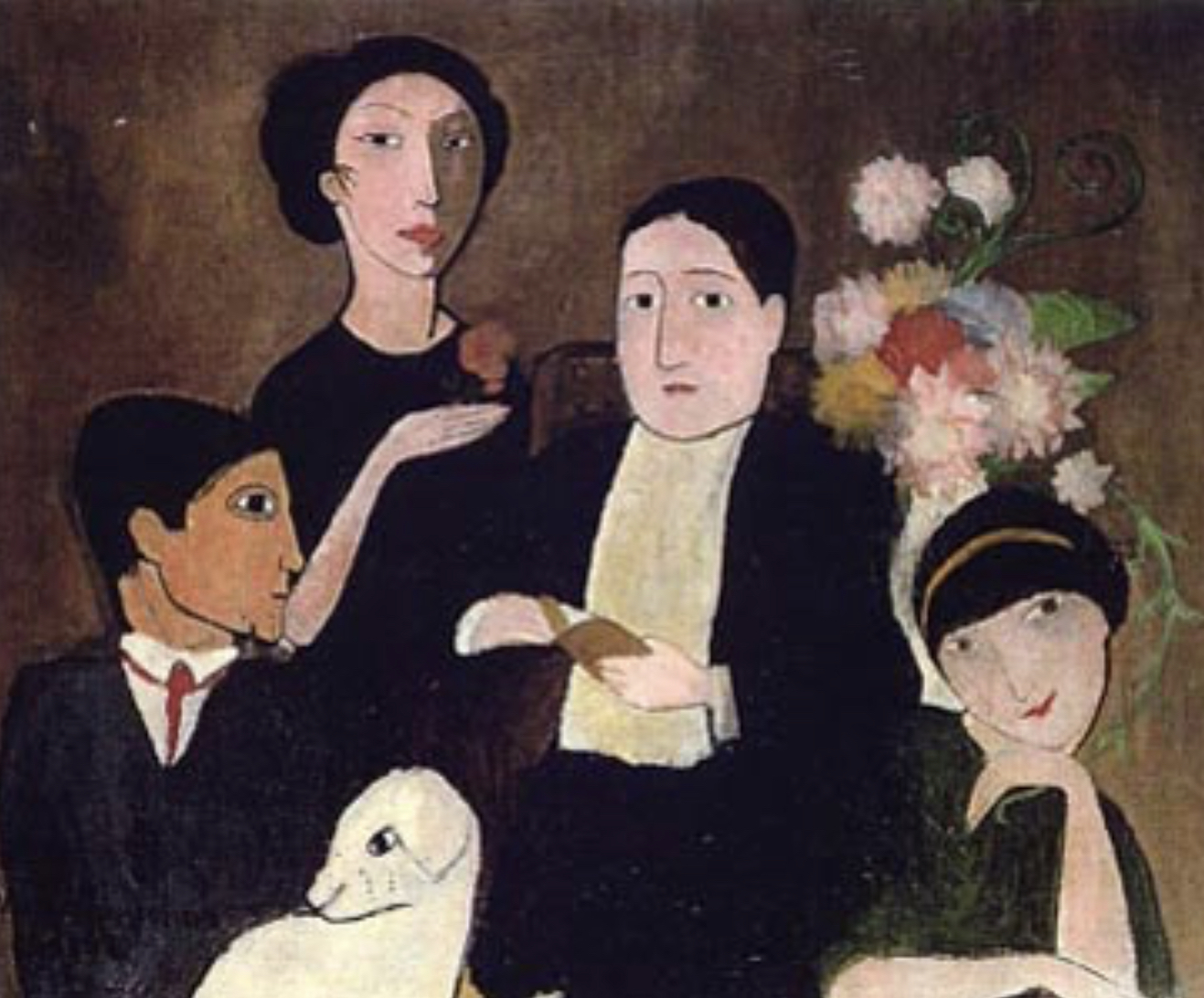 마리 로랑생의 1908년 작품 (왼쪽이 피카소, 중앙에 연인 아폴리네르, 오른쪽 피카소 애인 올리비에와 꽃을 든 마리 로랑생 자신 ).jpg